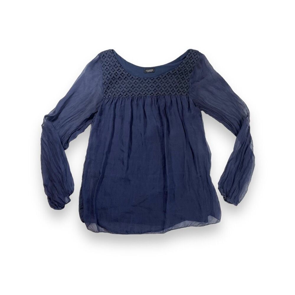 COSMO Made in Italy 100% Silk Lace Boho Blouse Navy Long Sleeve L
